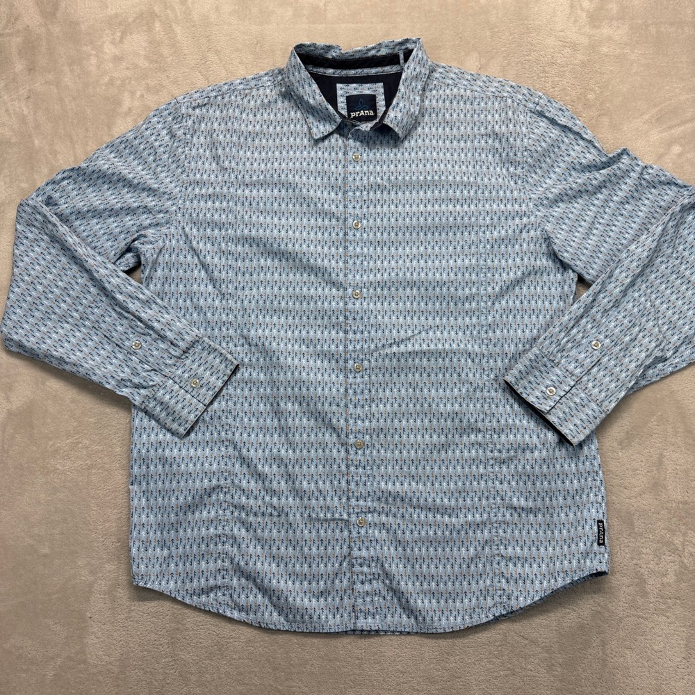 Prana Shirt Mens XL Blue Lukas Slim Button Down Geometric Arrow‎ Print All Over